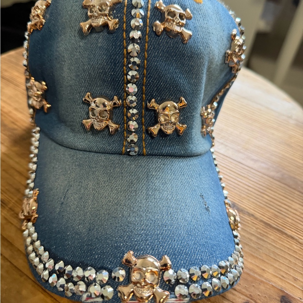 Embellished Denim Adjustable Baseball Cap with Skull Accents
